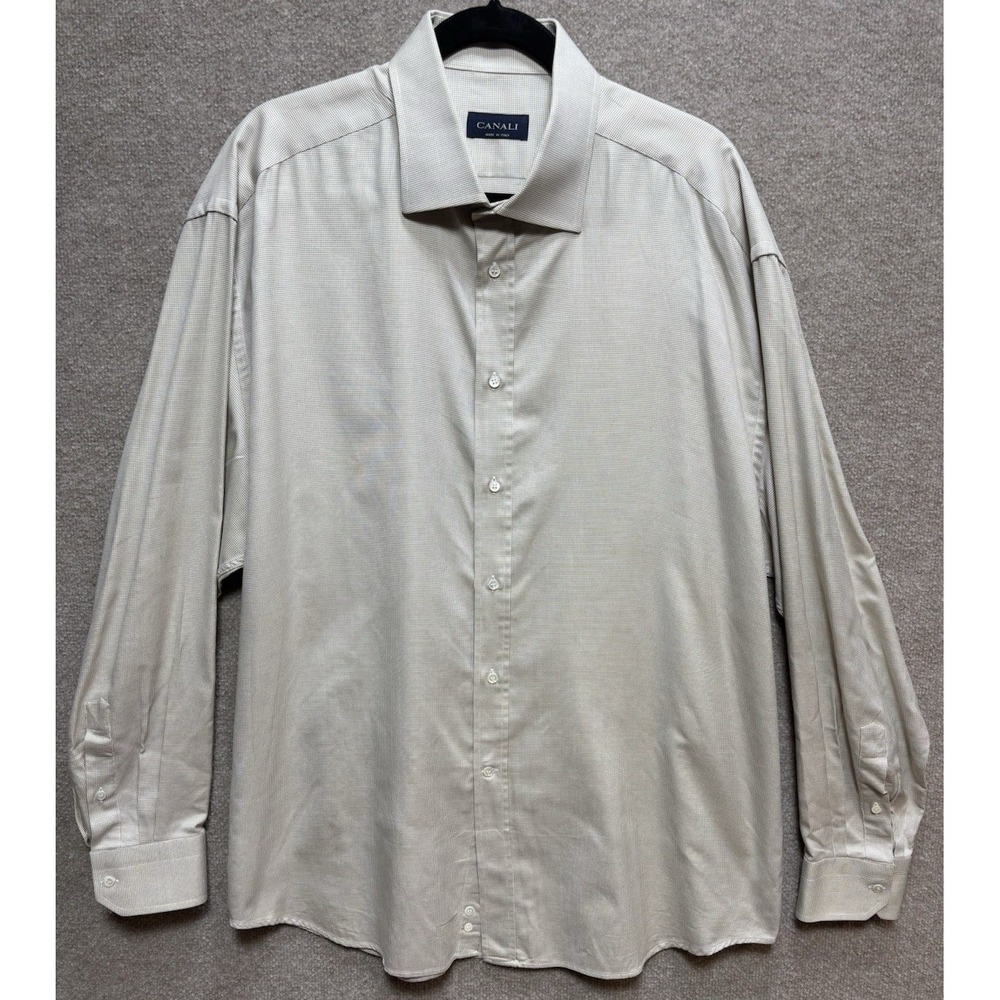 CANALI Men's 18-46 Shirt Long Sleeve 100% Cotton Tan Plaid Made in Italy EUC